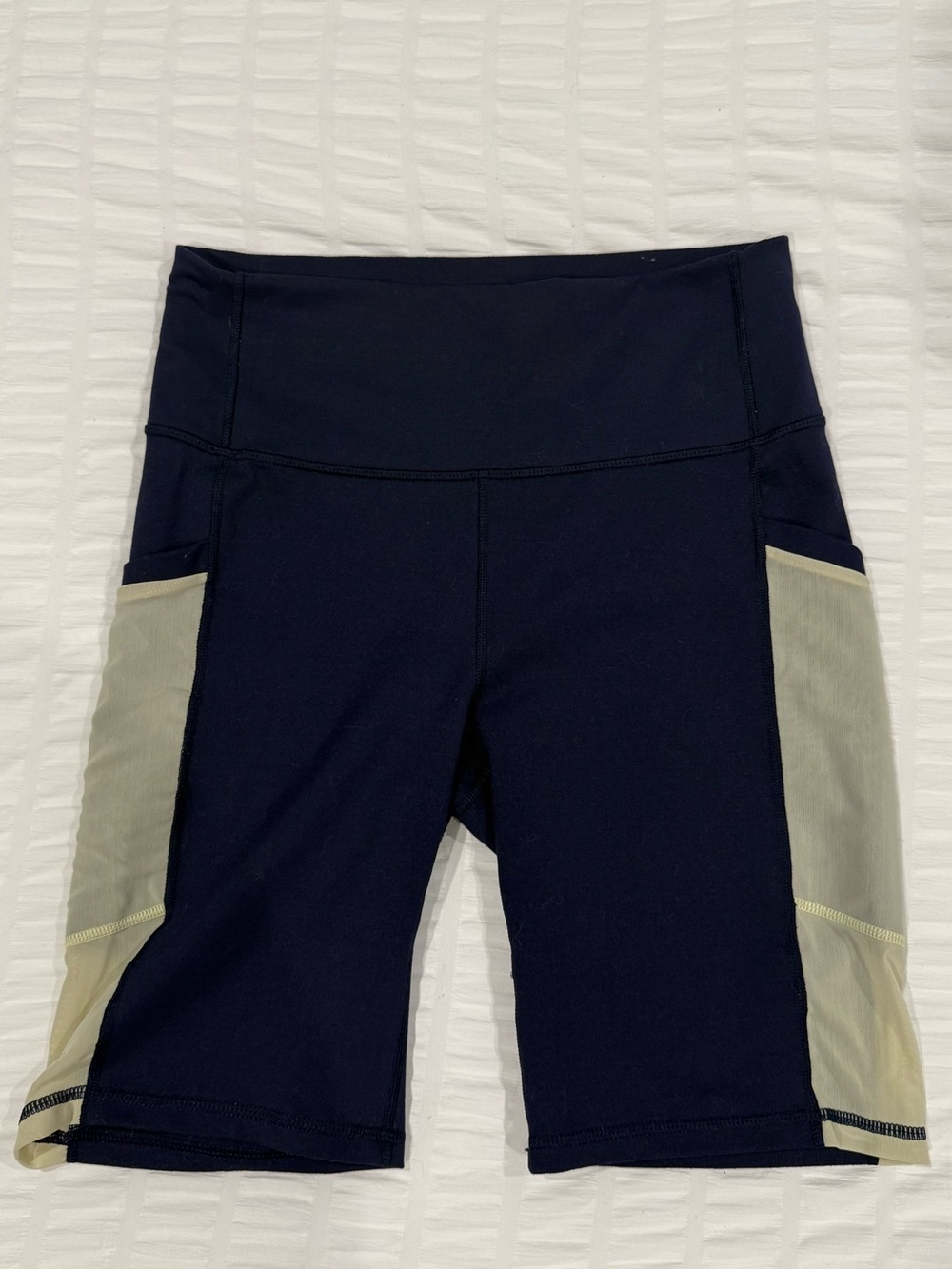 Fabletics Navy Bike Shorts with Light yellow Side Pockets